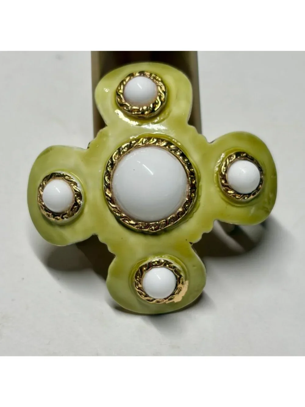 Hobe Gold-Plated Green Enamel Brooch With White Cabochons 2
